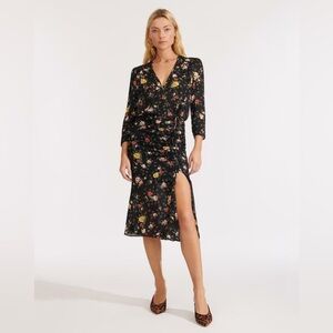 Veronica Beard Arielle Silk Faux-Wrap‎ Dress Black Floral Multi Midi Length